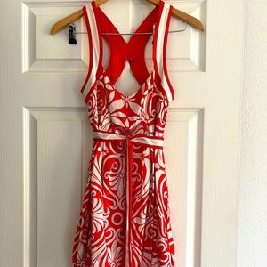 Bebe silk dress with White and red pattern XS